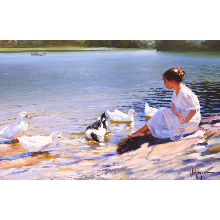 Vladimir Volegov ''Girl with Ducks'' Oil on Canvas