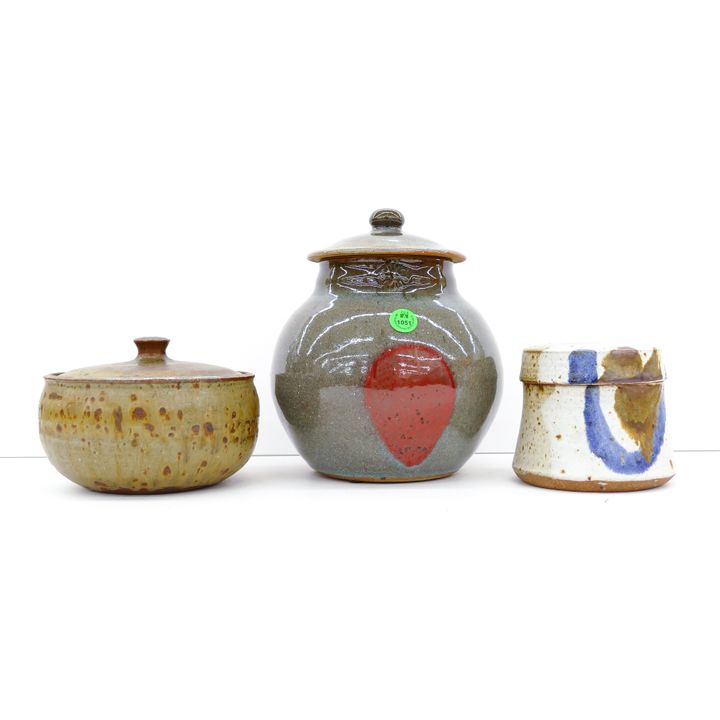 3pc William Creitz Studio Pottery Covered Jars and Bowl 4'' to 8''