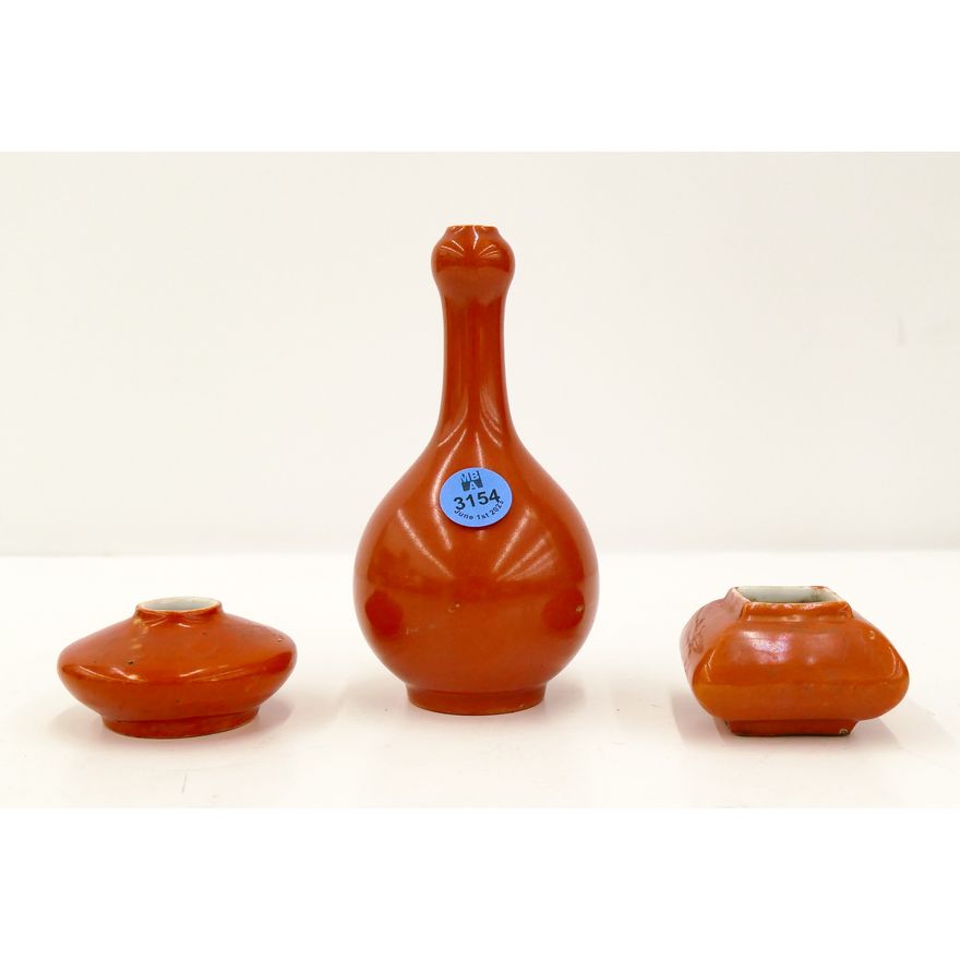 3pc Old Chinese Coral Monochome Porcelain Miniatures 2'' to 5''