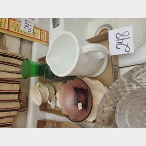 Milk Glass Pitcher, Purple Dish and Other Items