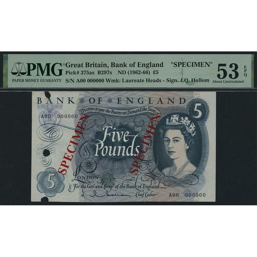Bank of England, J. Q. Hollom, specimen £5, ND (1963), serial number ...