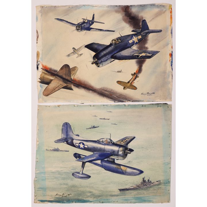 2pc Harry Bonath WWII Airplane Illustration Watercolor