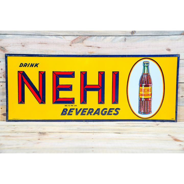 Drink Nehi Beverages Single Sided Tin Embossed Metal Sign TAC 8.9