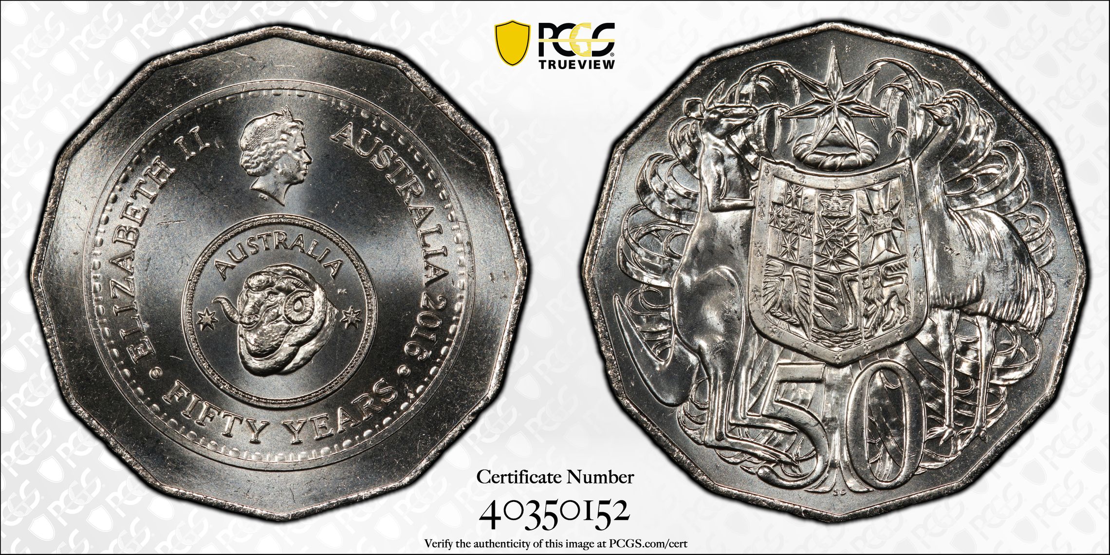 186 · Elizabeth II, 50th Ann. Decimal Currency , Fifty Cent, 2016, PCGS MS65