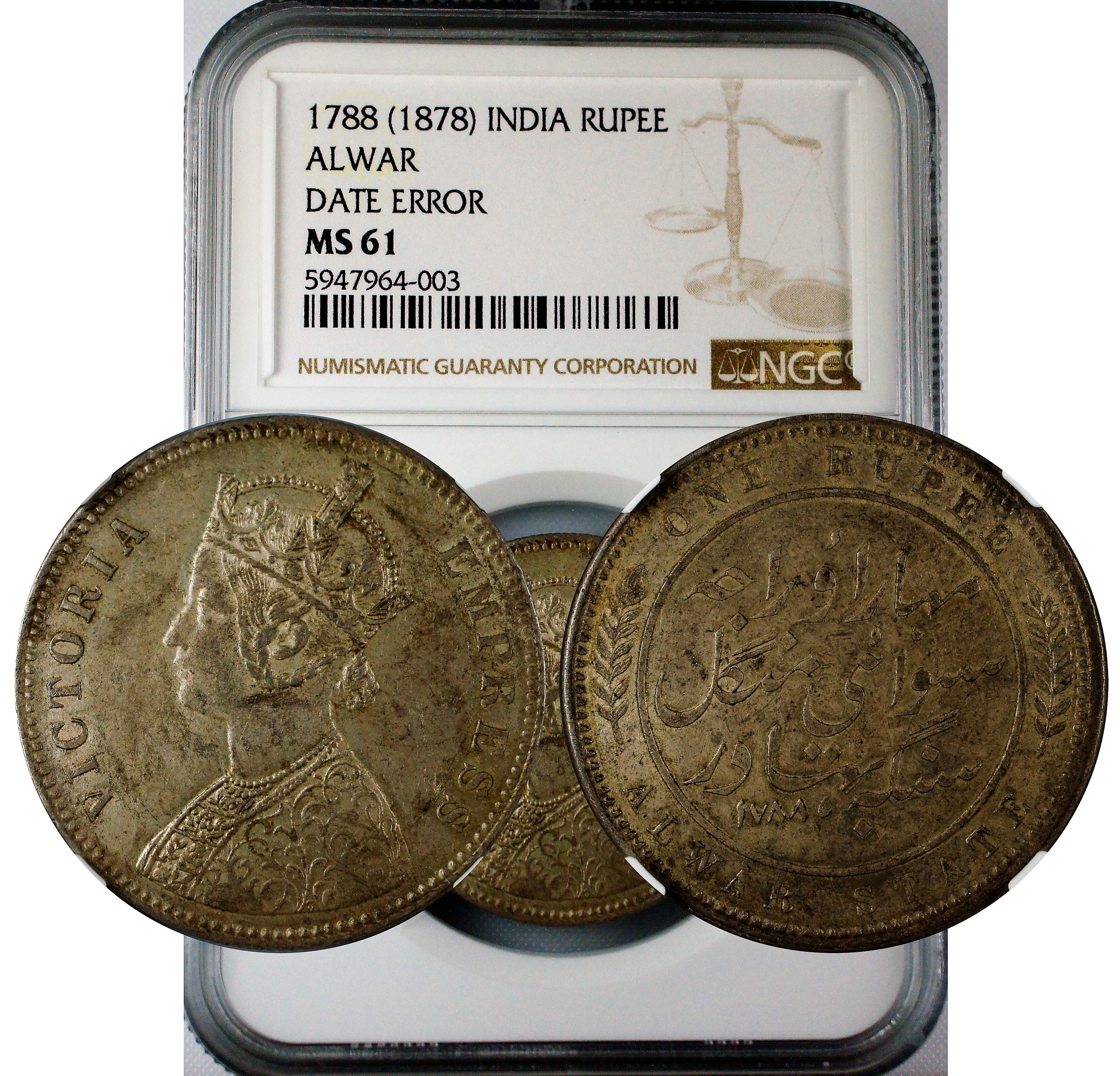 India 1788 (1878) Alwar Error Date Rupee NGC MS61