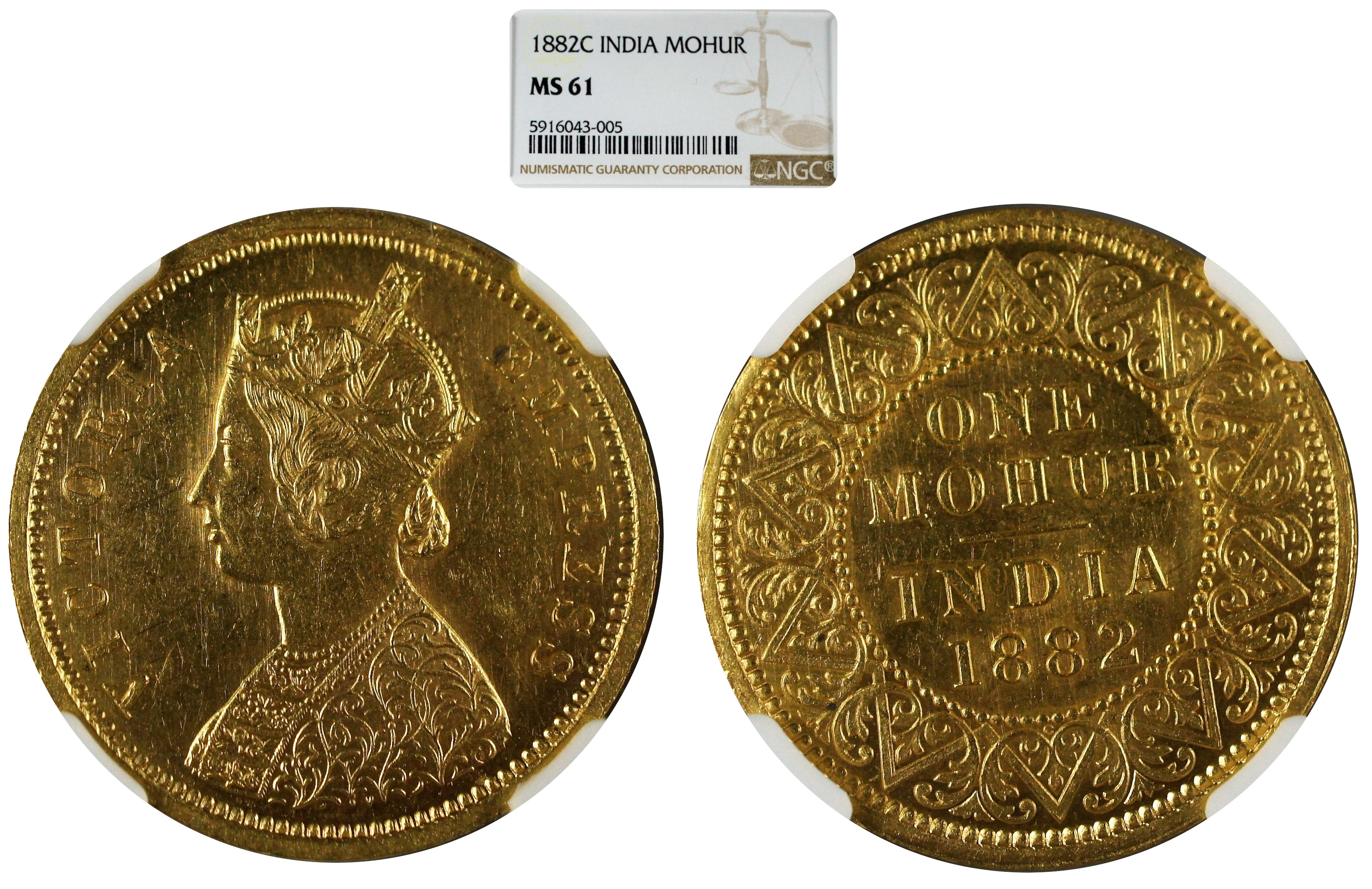 India British 1882 C Gold Mohur NGC MS61 - Low Mintage Mohur