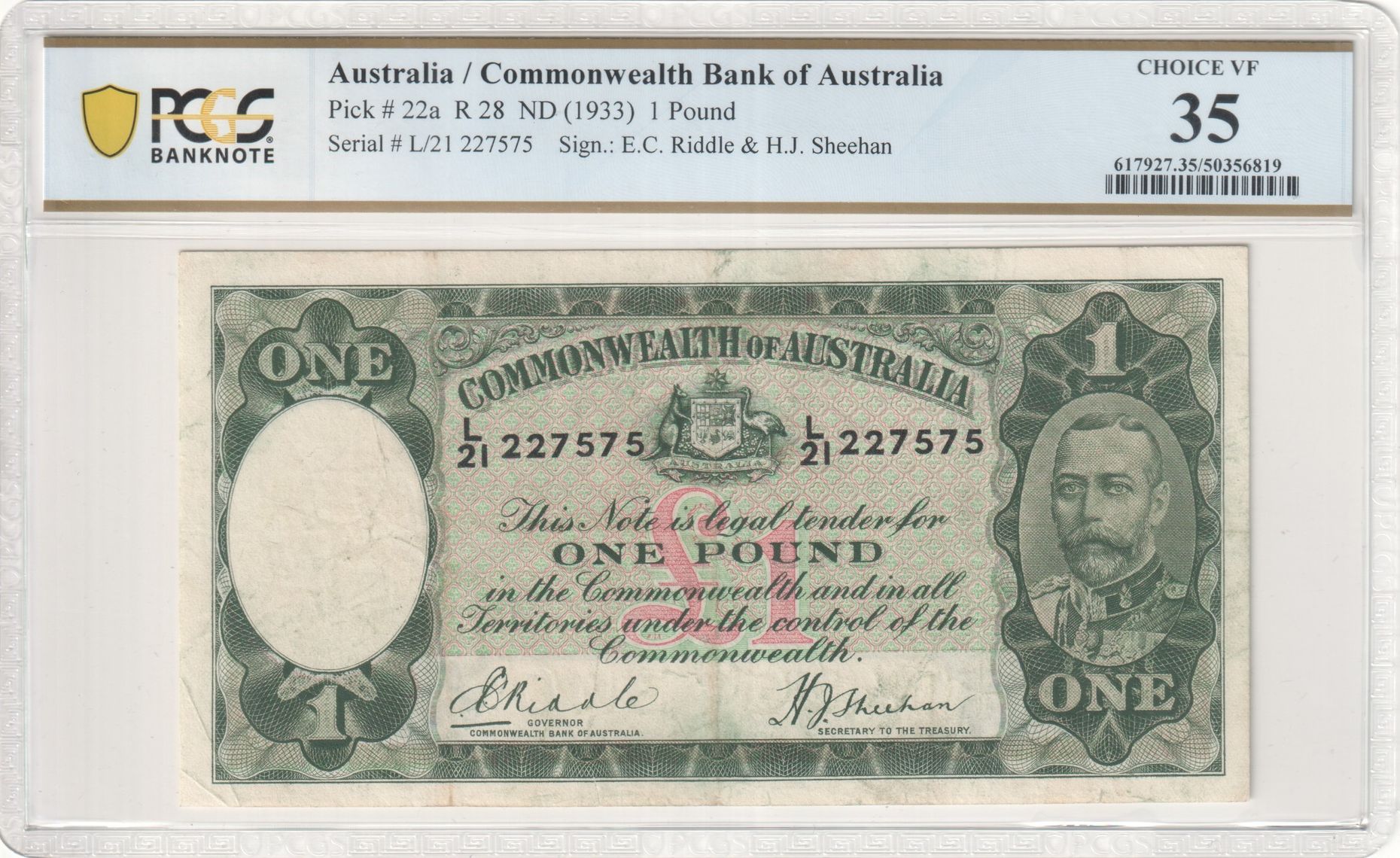 Riddle/Sheehan, One Pound, 1933, PCGS Choice VF 35