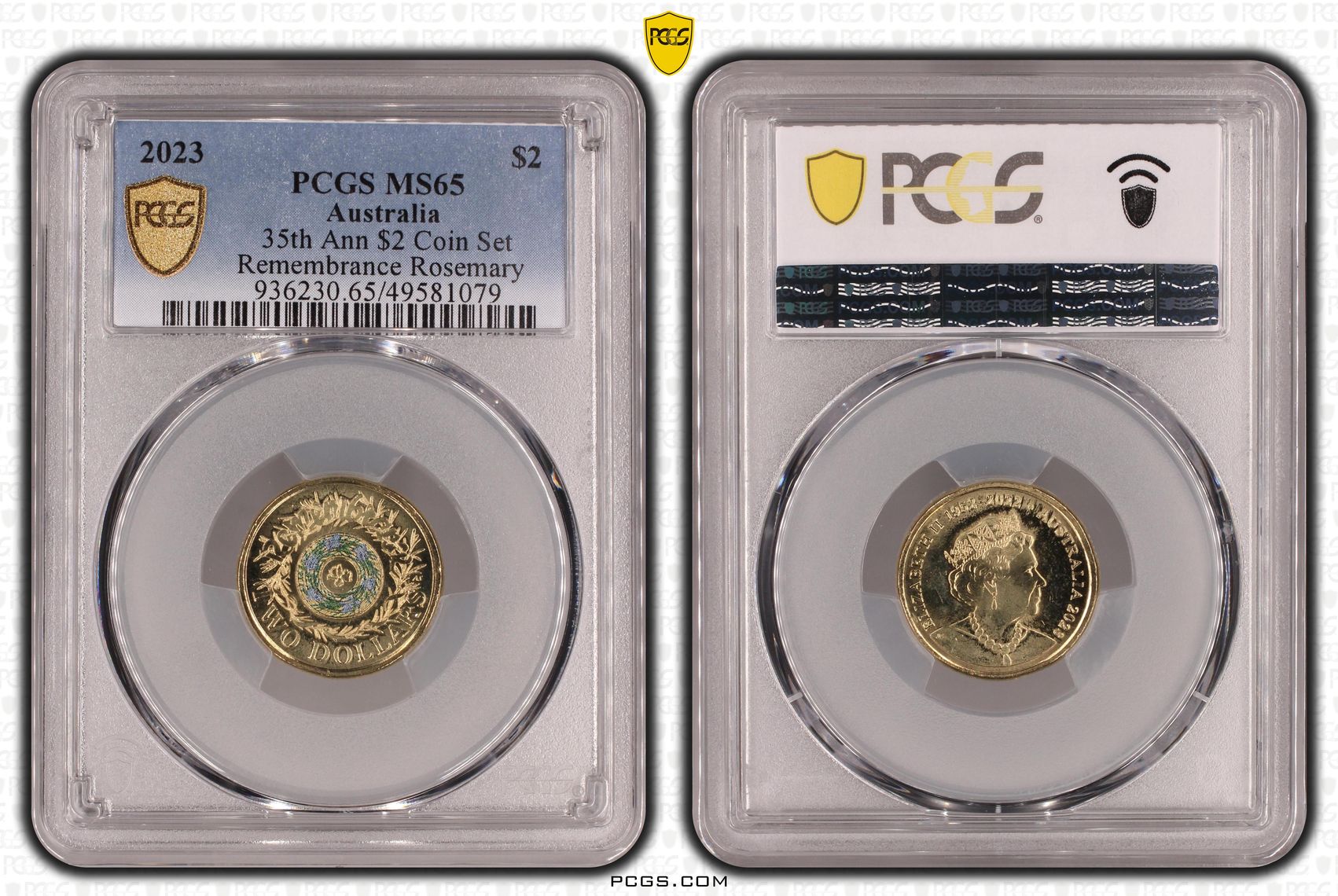 Elizabeth II, 35th Ann $2 Coin Set Colorized Remembrance Rosemary , Two Dollar, 2023, PCGS MS65