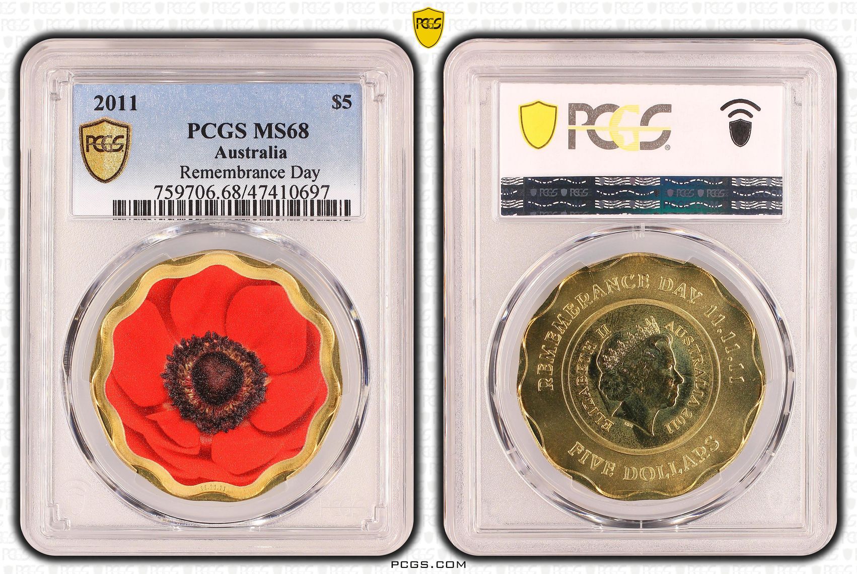 495 · Elizabeth II, Remembrance Day, Five Dollar, 2011, PCGS MS68
