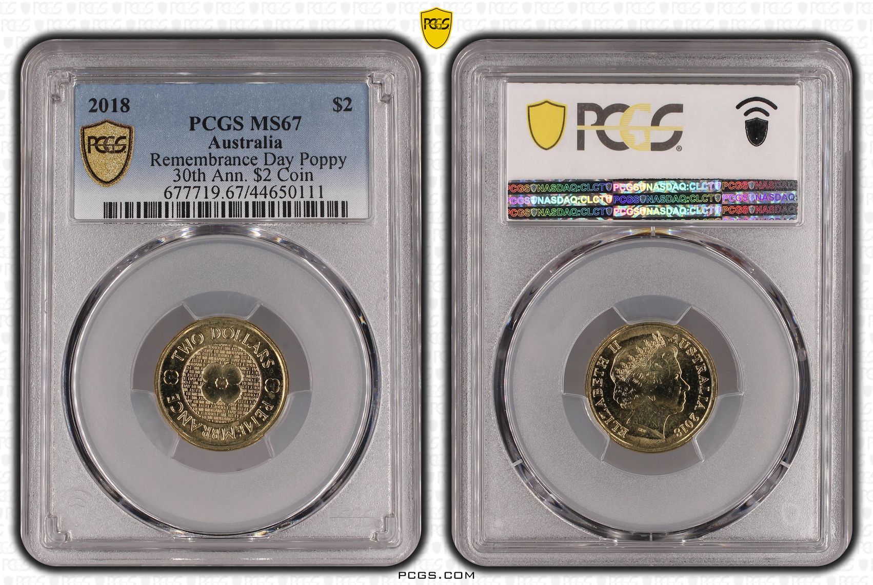 2018 Australia Two Dollar, $2 Remembrance Day Poppy 30th Ann. $2 Coin PCGS - MS67 -111