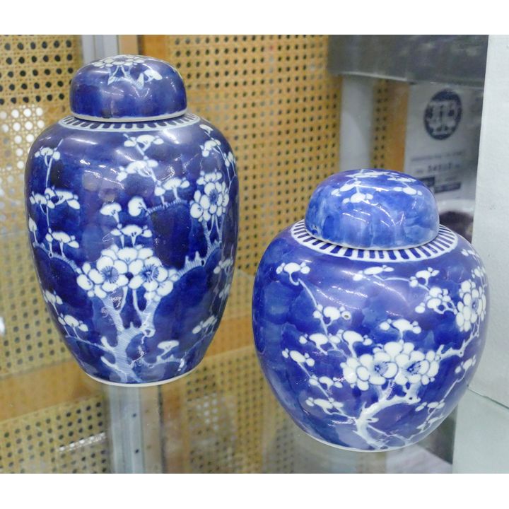 2pc Old Chinese B&W Porcelain Prunus Jars 6'' and 8''
