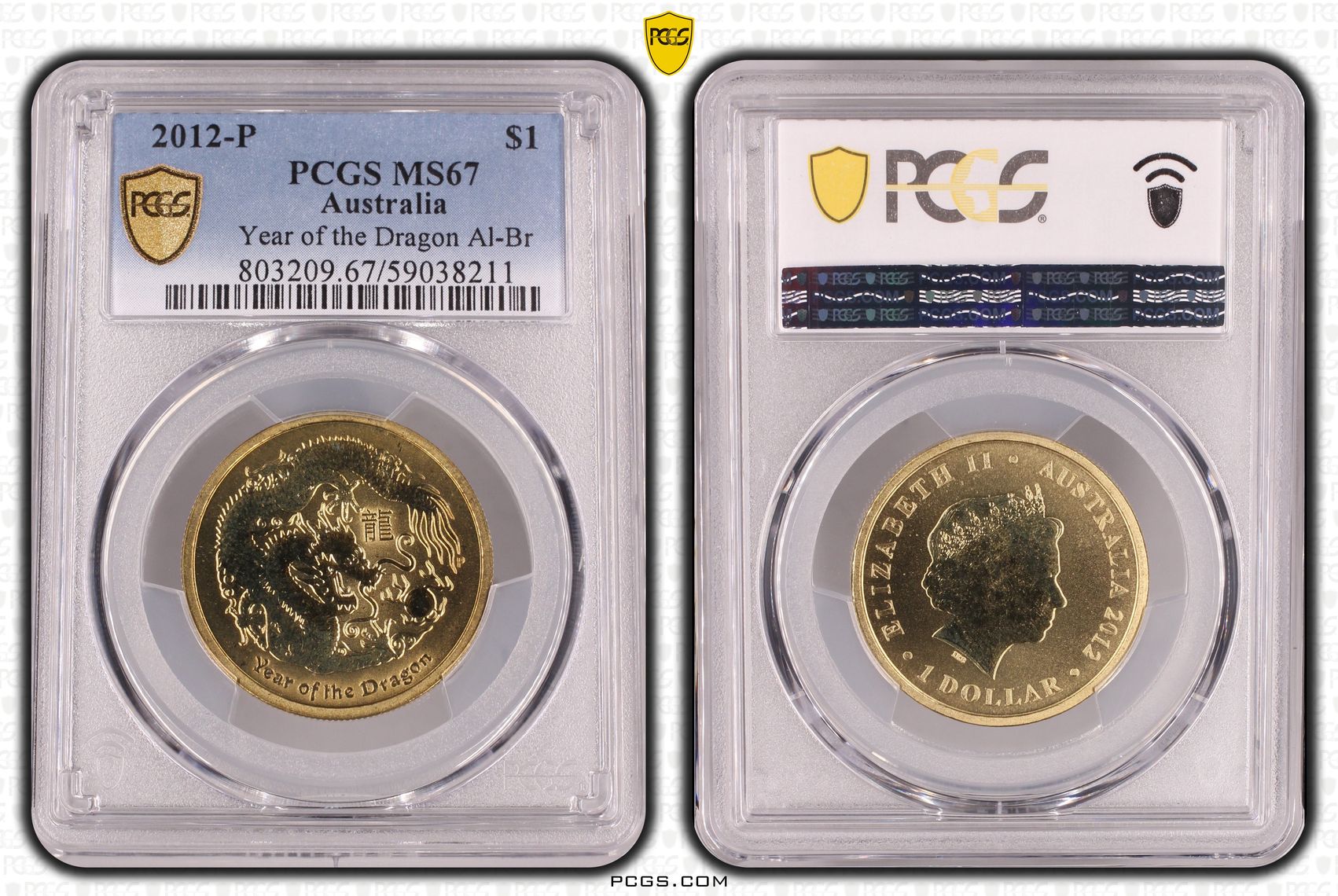 Year of the Dragon Al-Br, One Dollar, 2012-P, PCGS MS67