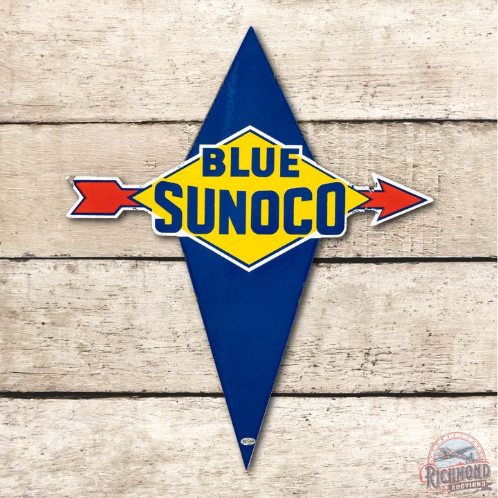 Blue Sunoco Die Cut Porcelain Pump Plate Sign TAC 8.5