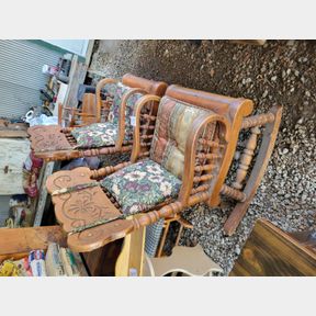 Pair of vintage heavy solid wood padded rocking chairs