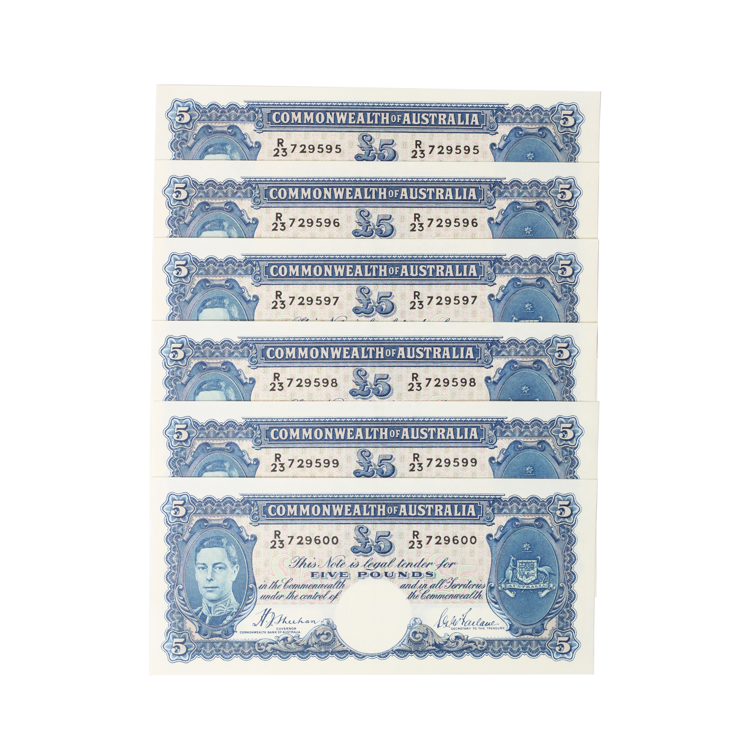 1908. · Consecutive Run, Sheehan/MacFarlane,  Five Pounds, 1939, aUNC