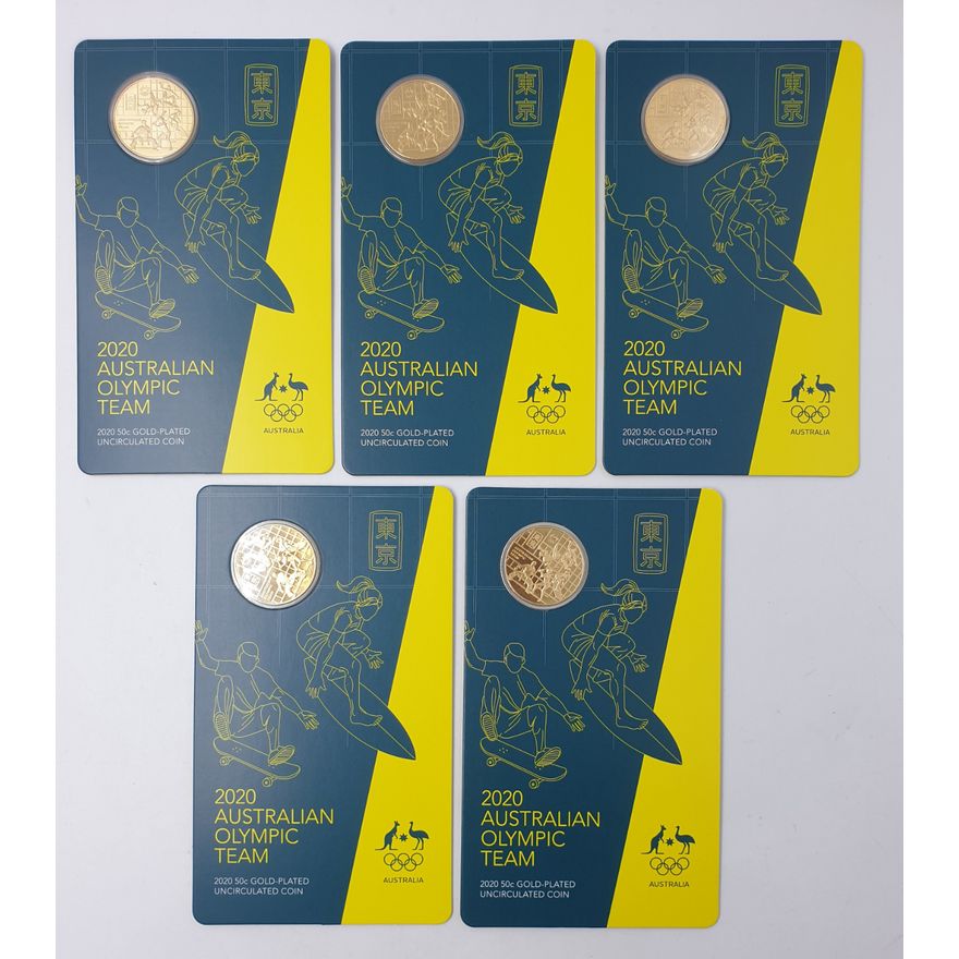 Aus. Olympic Team 50c Gold Plated Coins (x5)