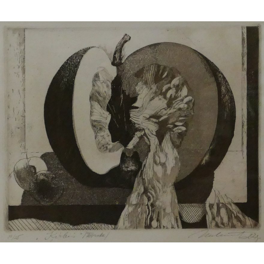 Modern Abstract Apple S/N Etching Framed 17''x18.5'' - Illegibly signed