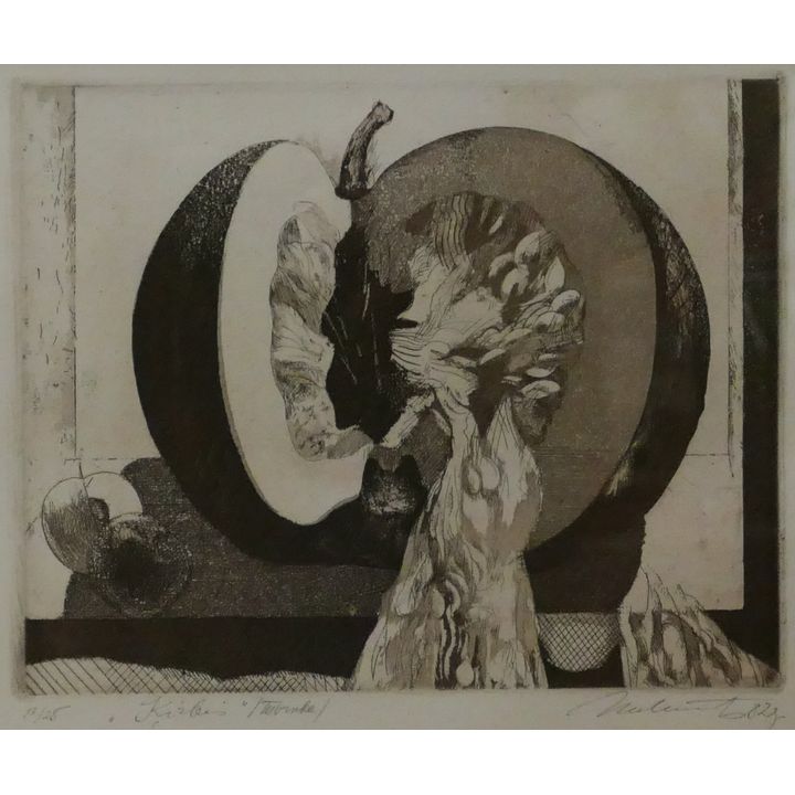 Modern Abstract Apple S/N Etching Framed 17''x18.5'' - Illegibly signed