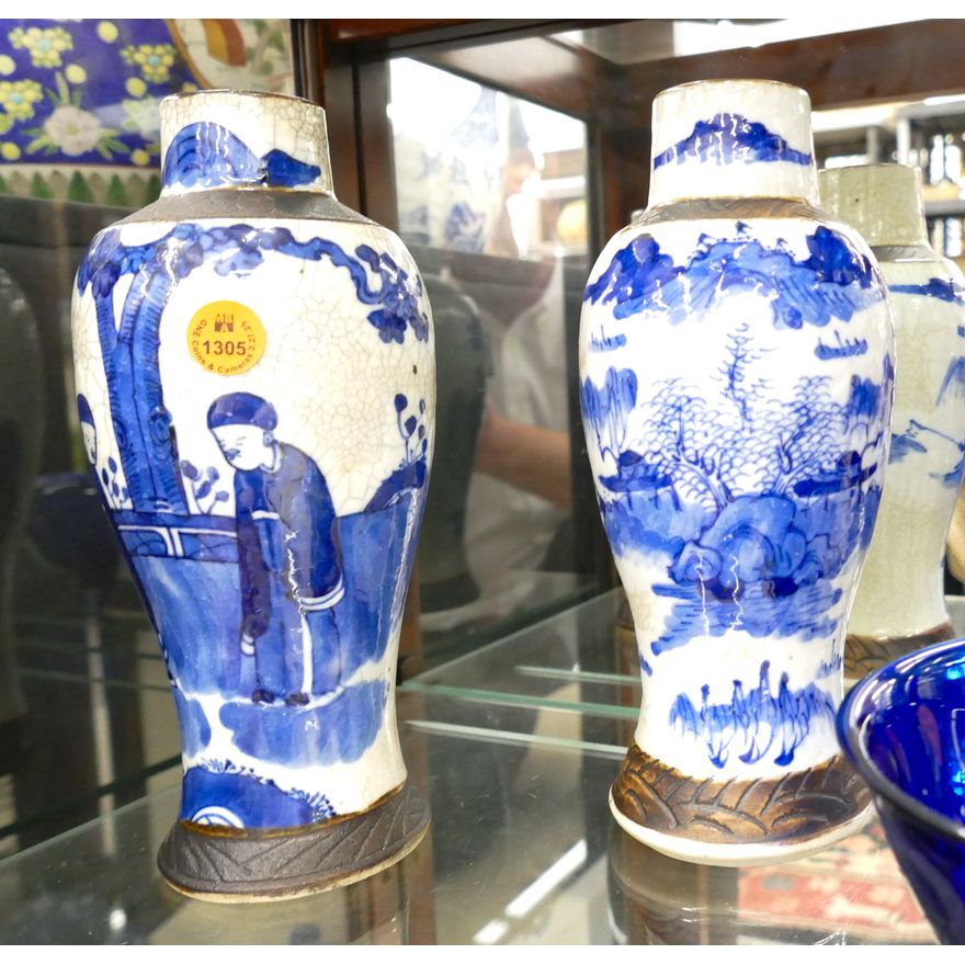 Pair Old Chinese Nanking Crackle Vases 9'' - Missing lids