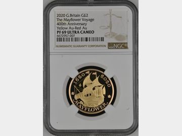 2020 ELIZABETH II 'MAYFLOWER' PROOF GOLD 2 POUND COIN PF69 UCAM