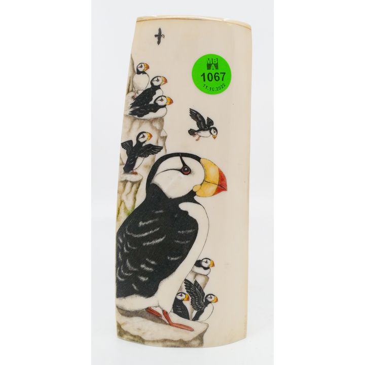 Catherine Young Scrimshawed Puffin Tusk Fragment 6''