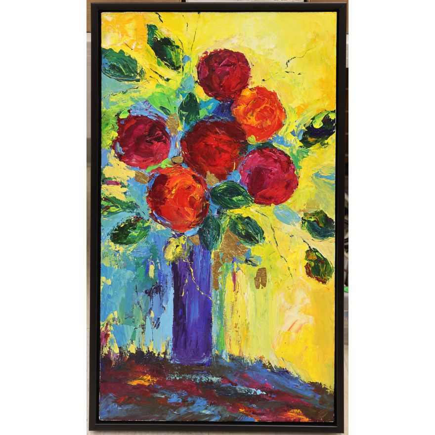 Natalie Barry Modern Floral Still Life Acrylic on Canvas Framed 33''x19''