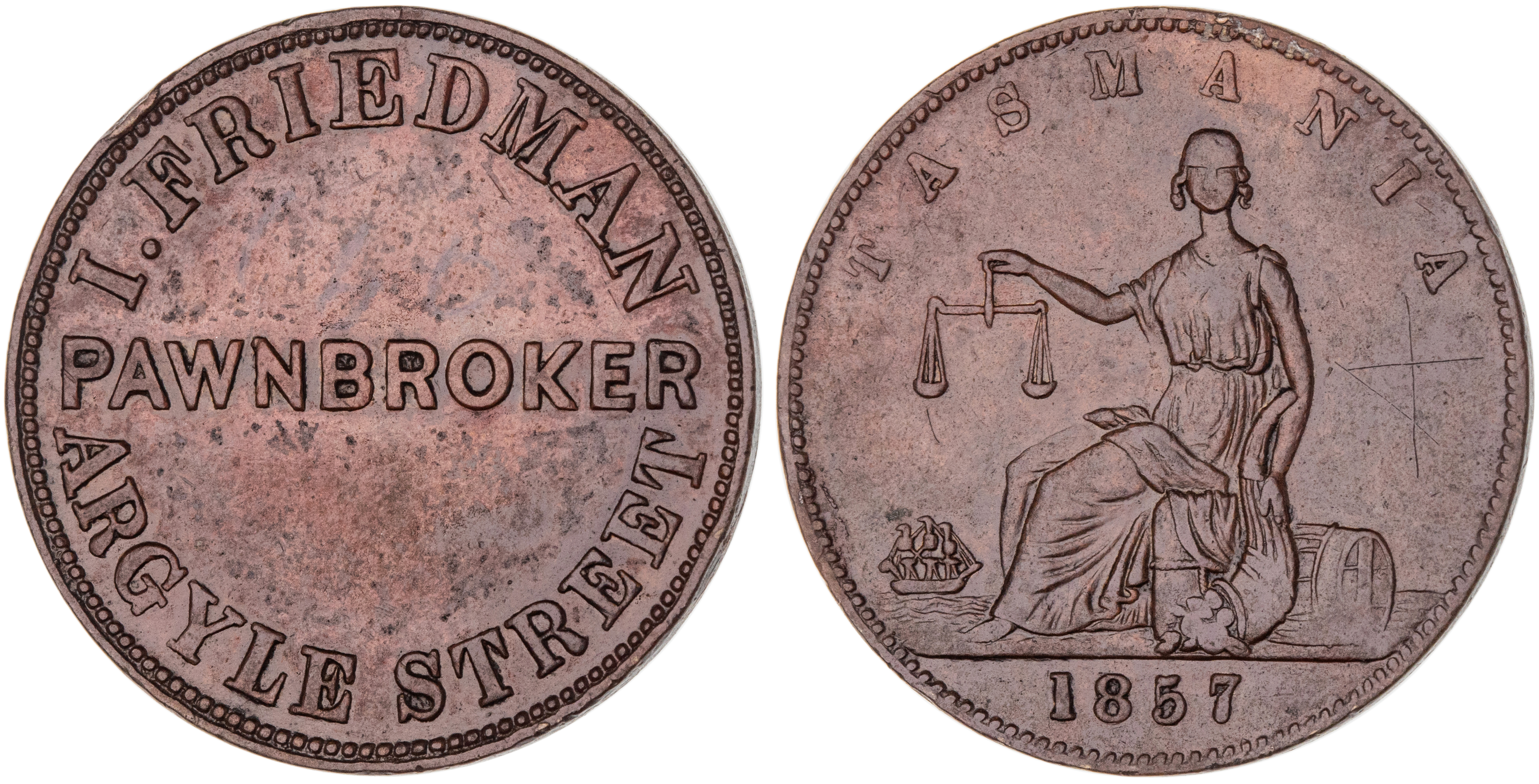 Hobart Town, Tasmania, I. Friedman, Halfpenny, 1857, gVF