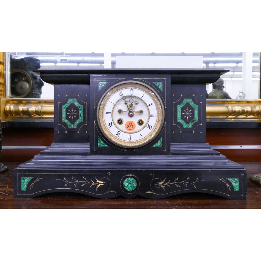 Antique Marti French Malachite Inlaid Slate Mantle Clock- 9x15.5''