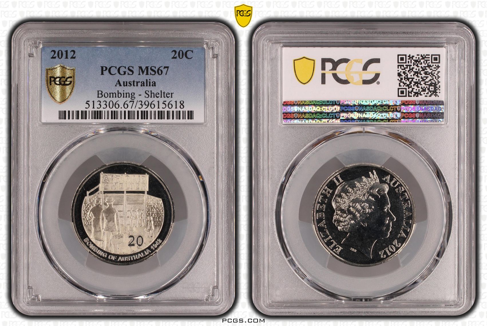 Elizabeth II, Bombing - Shelter, Twenty Cent, 2012, PCGS MS67