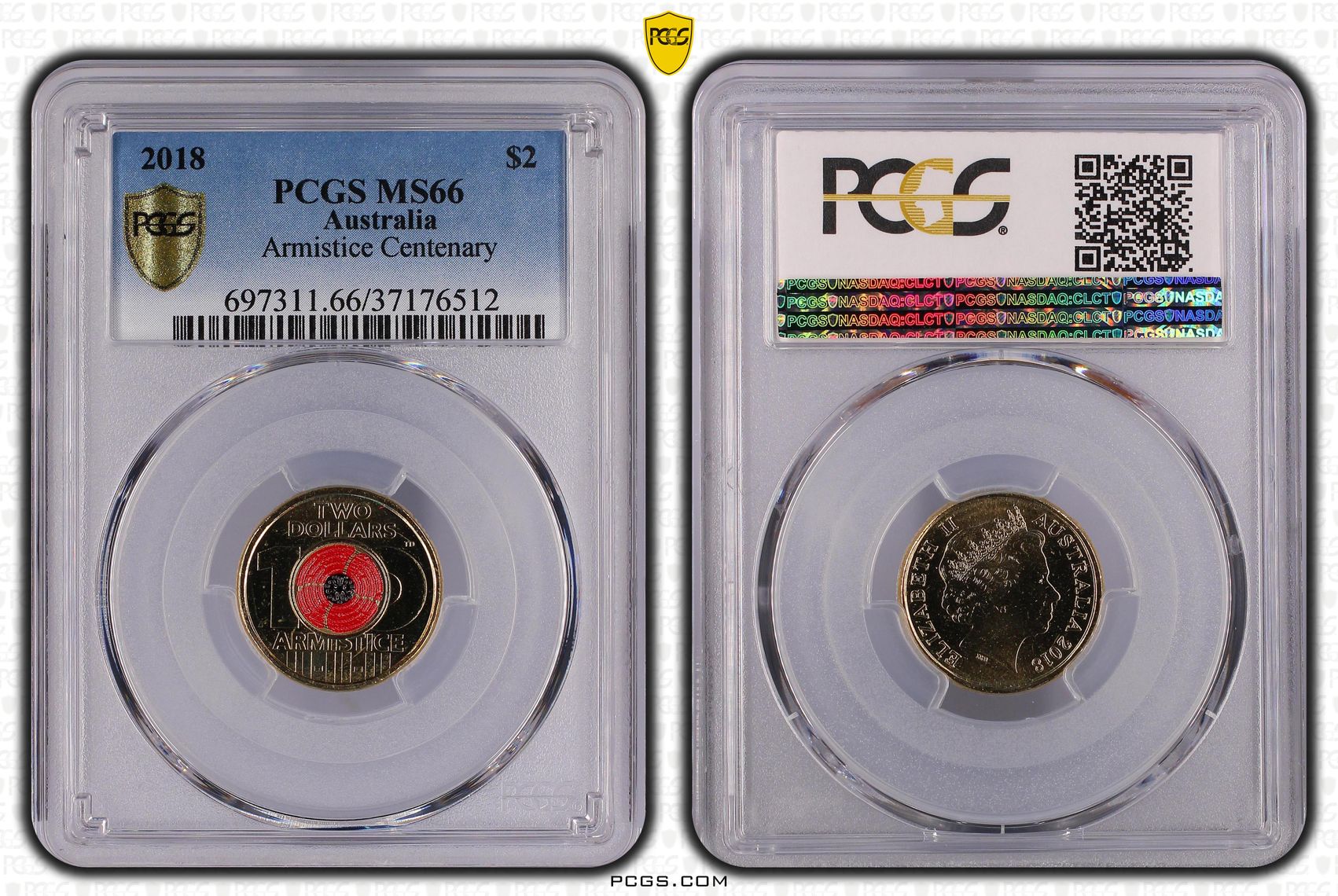 Elizabeth II, Armistice Centenary, Two Dollar, 2018, PCGS MS 66