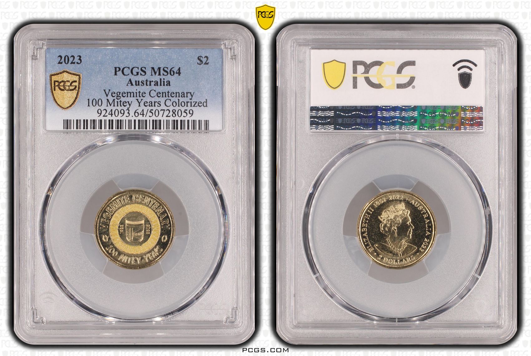 Vegemite Centenary Colorized 100 Mitey Years , Two Dollar, 2023, PCGS MS64