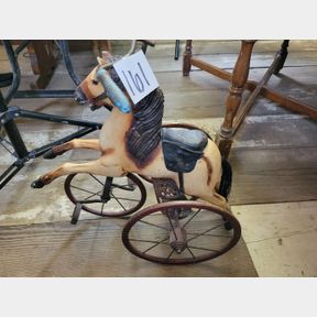 Antique Cast Iron and Hand Carved Wood Horse Tricycle