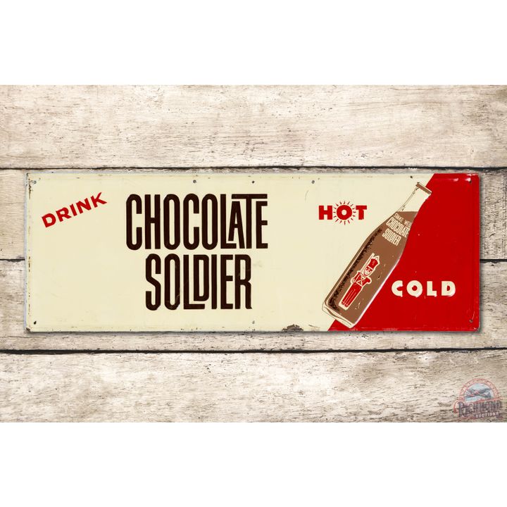 Drink Chocolate Soldier Hot or Cold w/ Bottle Embossed Tin Sign