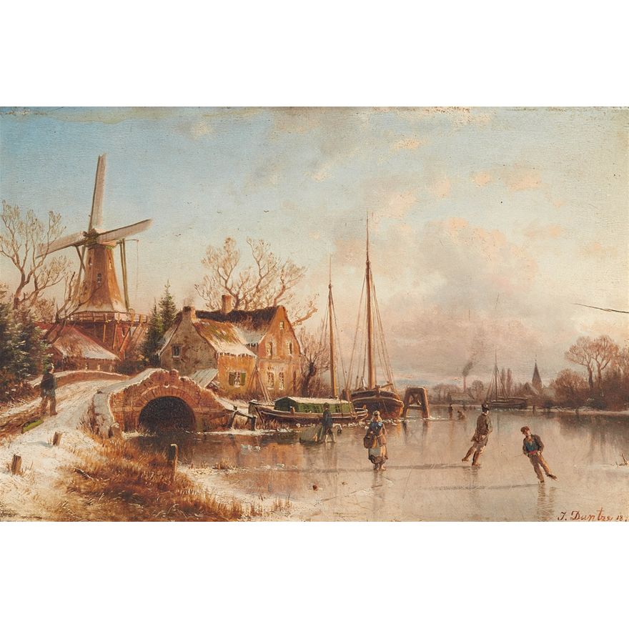 Johannes Bartholomäus Duntze, Village Scene with Skaters on a Frozen River