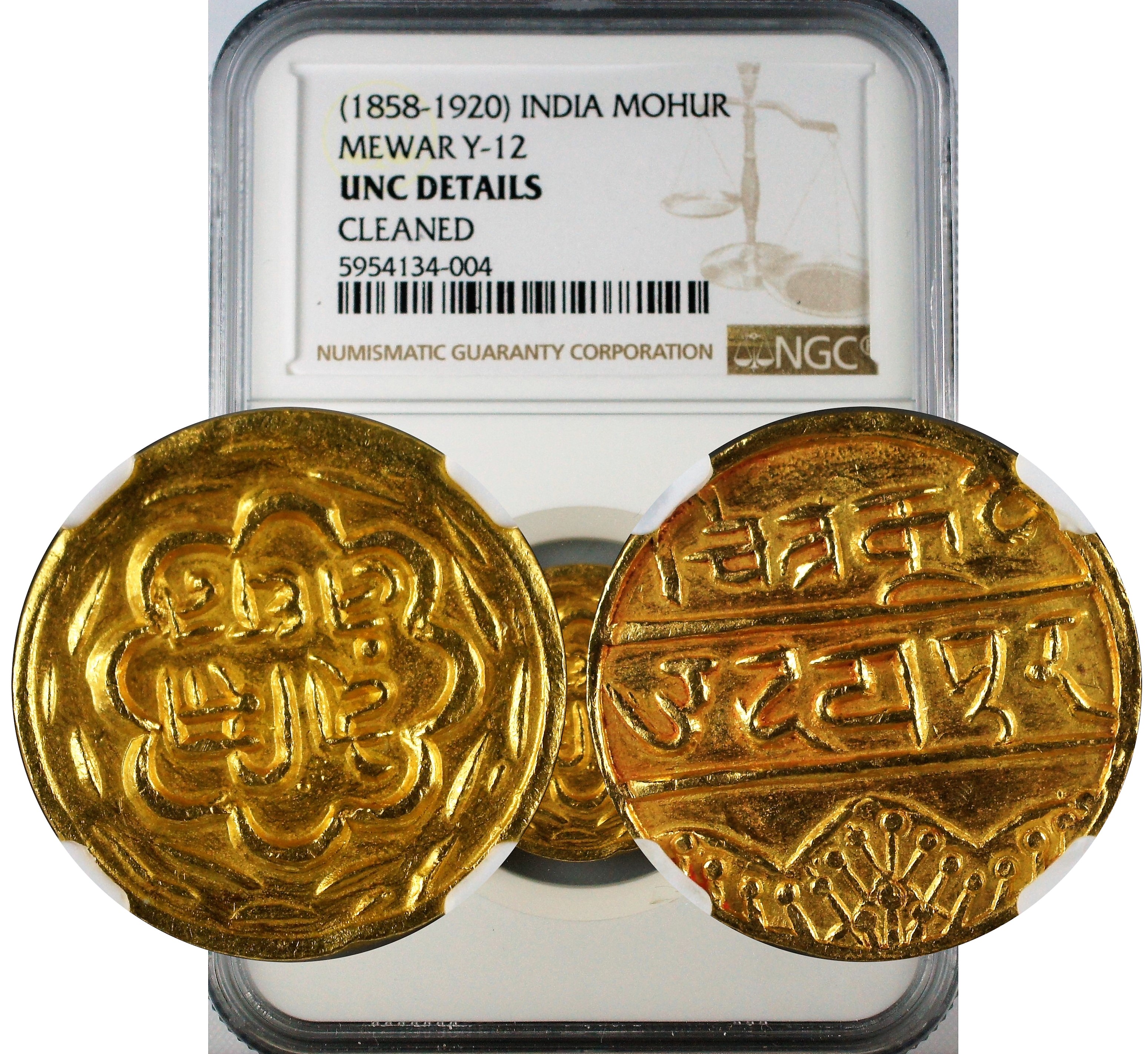 India Mewar Gold Mohur Udaipur Mint NGC UNC Details
