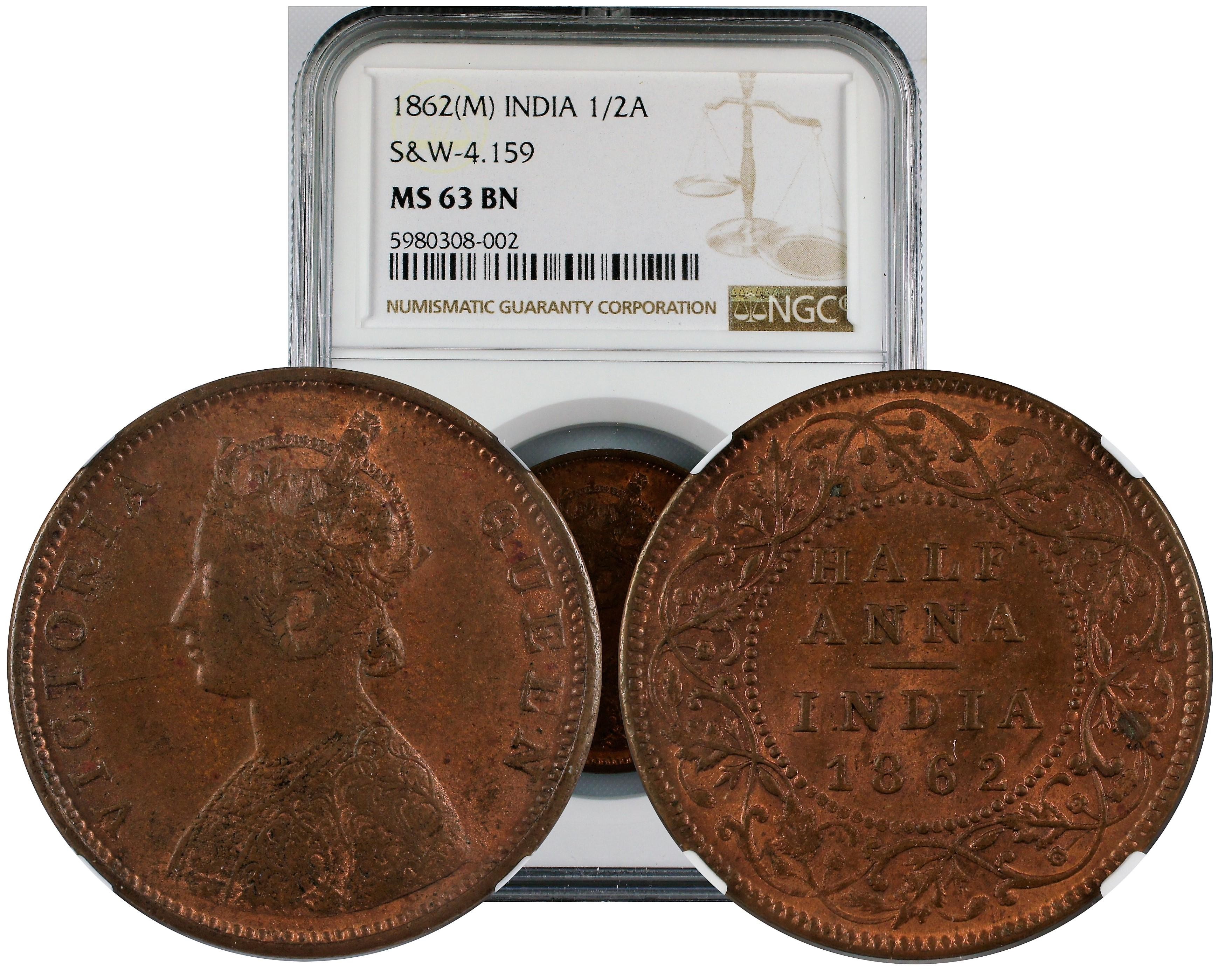 India British 1862 M 1/2 Anna NGC MS63 BN