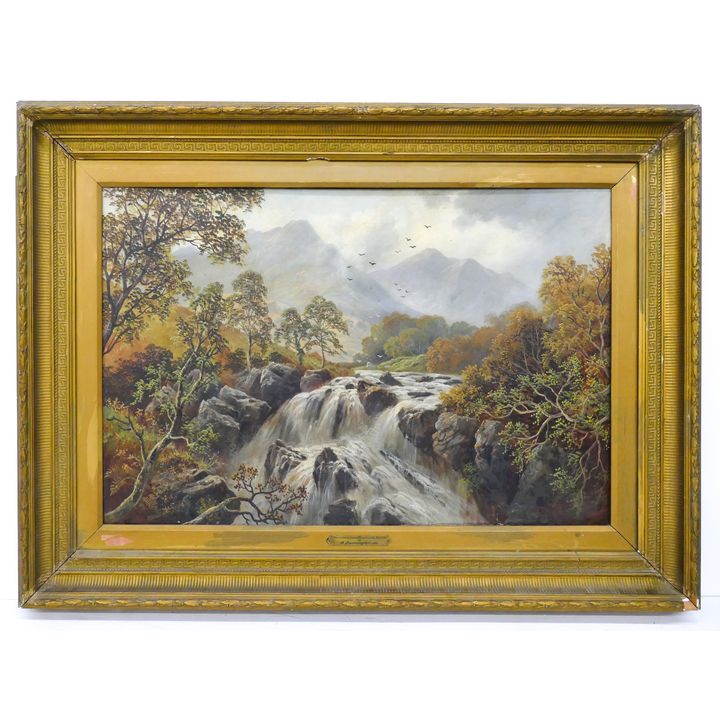 Albert Dunington (1860-1928 United Kingdom) Mountain Landscape with Rapids Oil on Canvas, 1891.