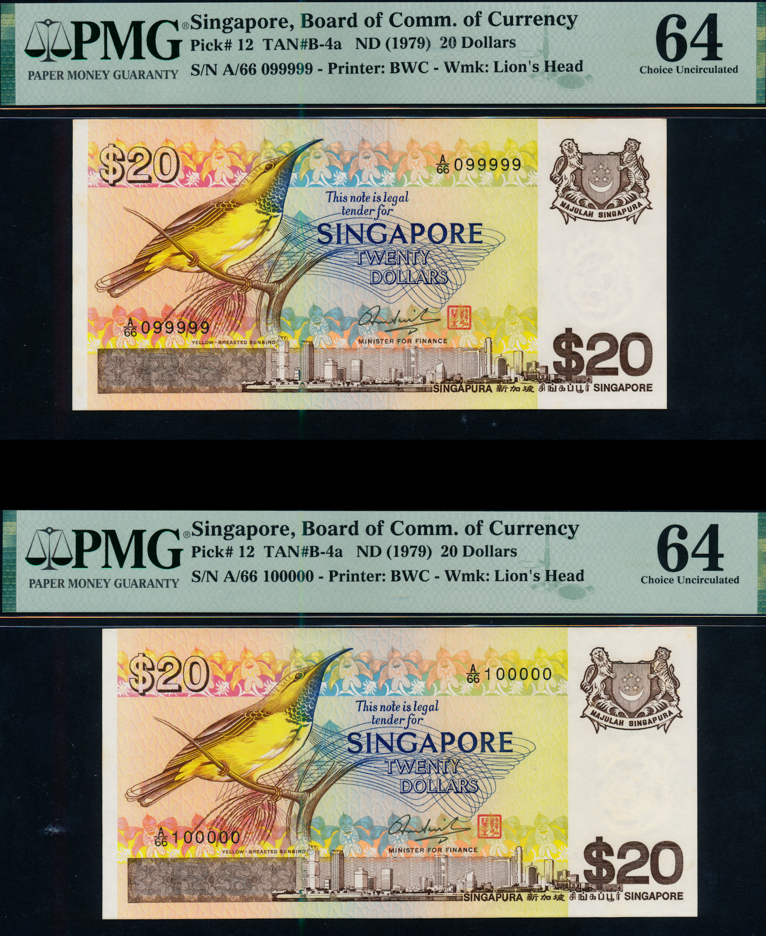 Singapore Bird 1979 $20 Fancy Number A/66 099999-100000 PMG 64 