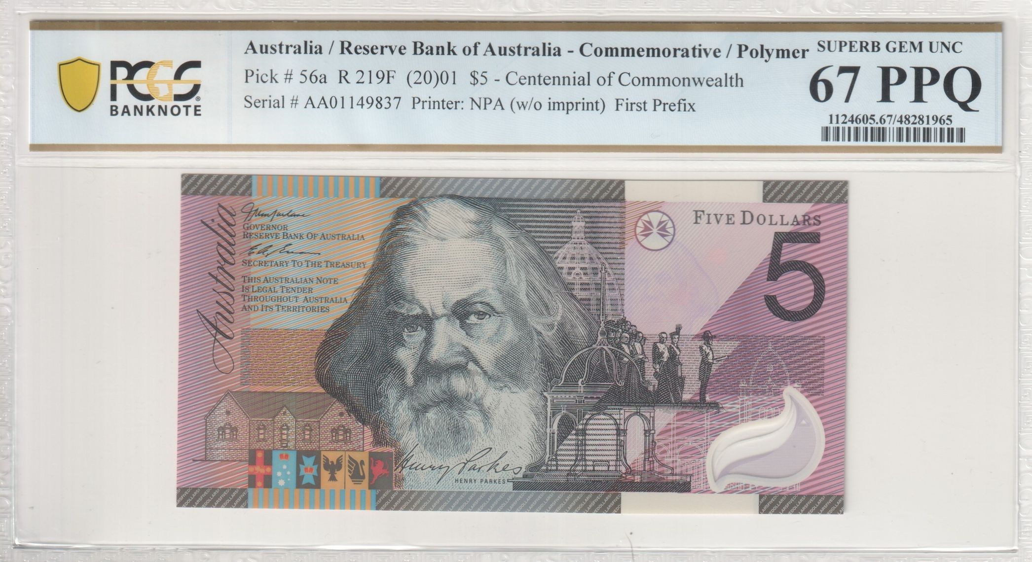Macfarlane/Evans, Commemorative, Centennial of Commonwealth, First Prefix, Five Dollar, 2001, PCGS Superb Gem UNC 67 PPQ