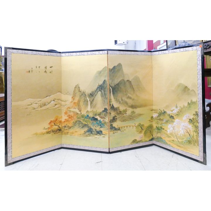Vintage Japanese Mountainous Landscape Painted 4 Panel Screen - 36x72''