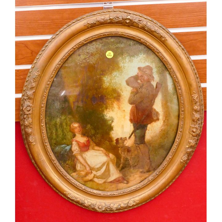 Antique European Hunter and Maiden Convex Glass Oil Painting- Oval 23x18''