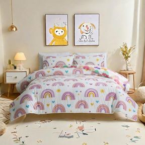 BTARGOT LIGHTWEIGHT SOFT 3 PIECE RAINBOW COMFORTER SET WITH 2 PILLOW COVERS, CARTOON LOVE HEARTS SUNS AND STARS BEDDING SET FOR GI