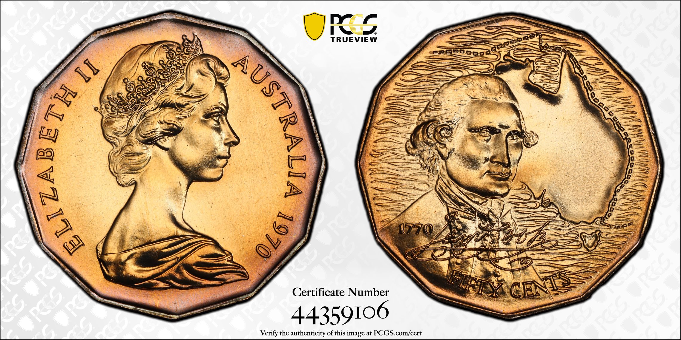 1970 Australia Fifty Cent, 50c Cook PCGS - MS69 -106