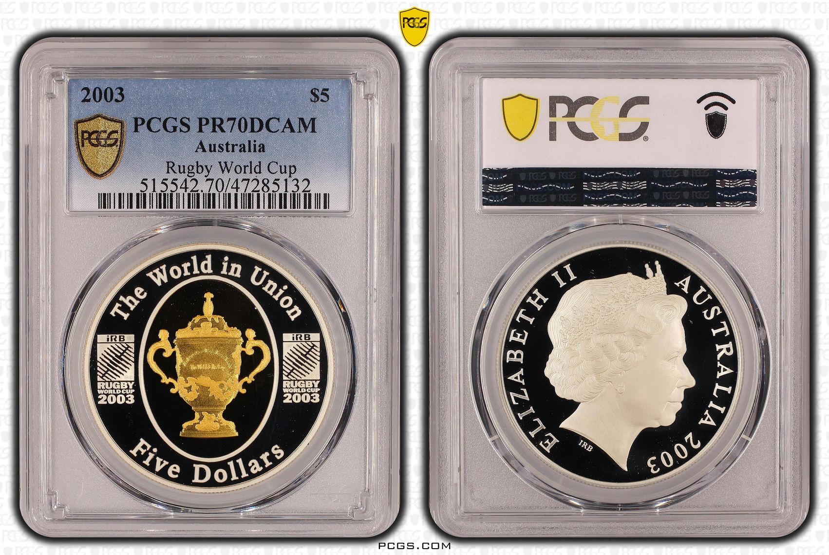 Elizabeth II, Rugby World Cup, Pop 11/0, Five Dollar, 2003, PCGS PR70DCAM
