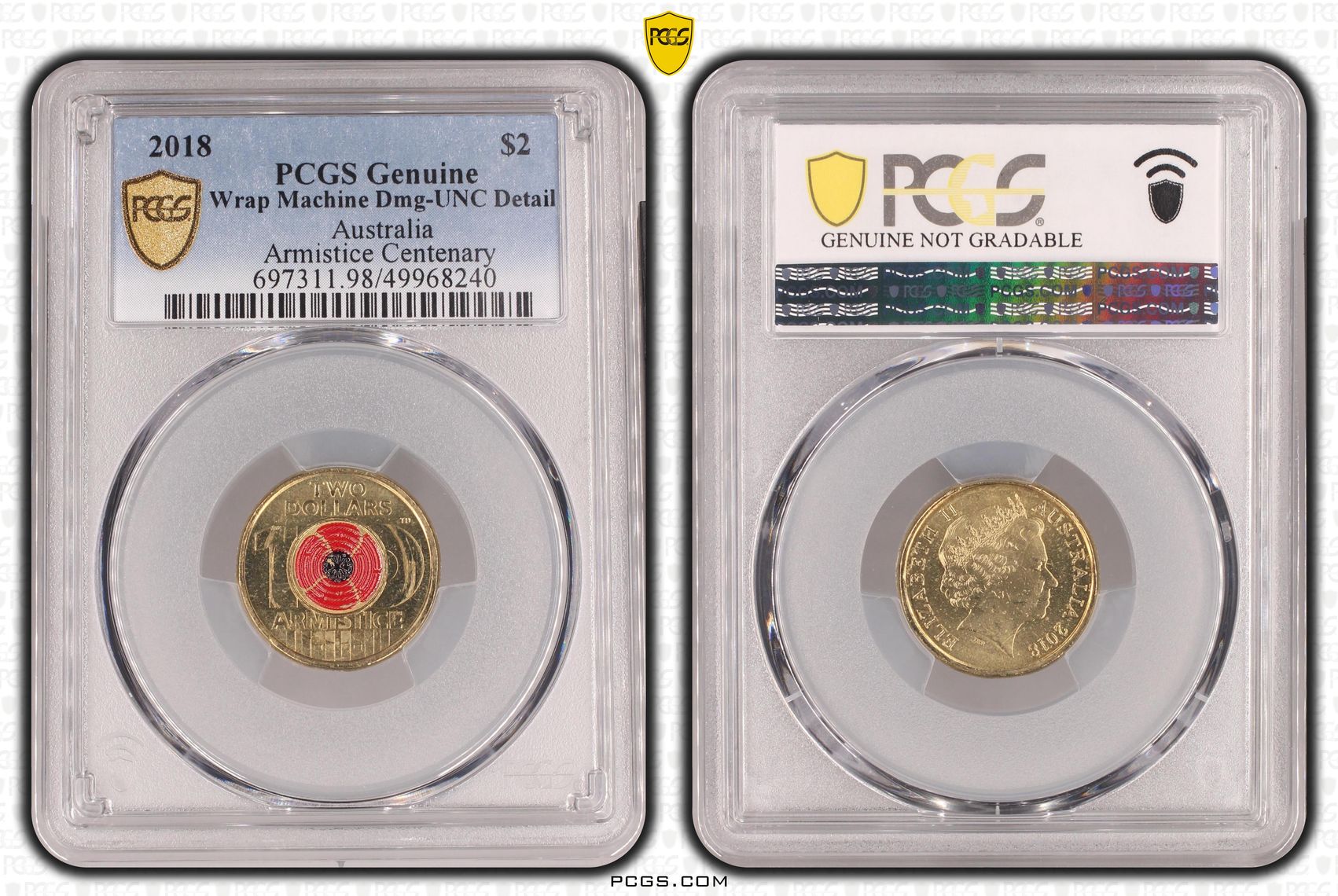 Armistice Centenary, Two Dollar, 2018, PCGS Genuine - UNC Details (98 - Damage)