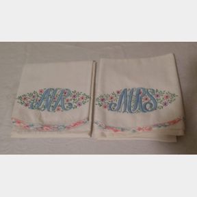 Pair of Vintage Hand Embroidered Mr. & Mrs. Pillow Cases with Tatted Trim