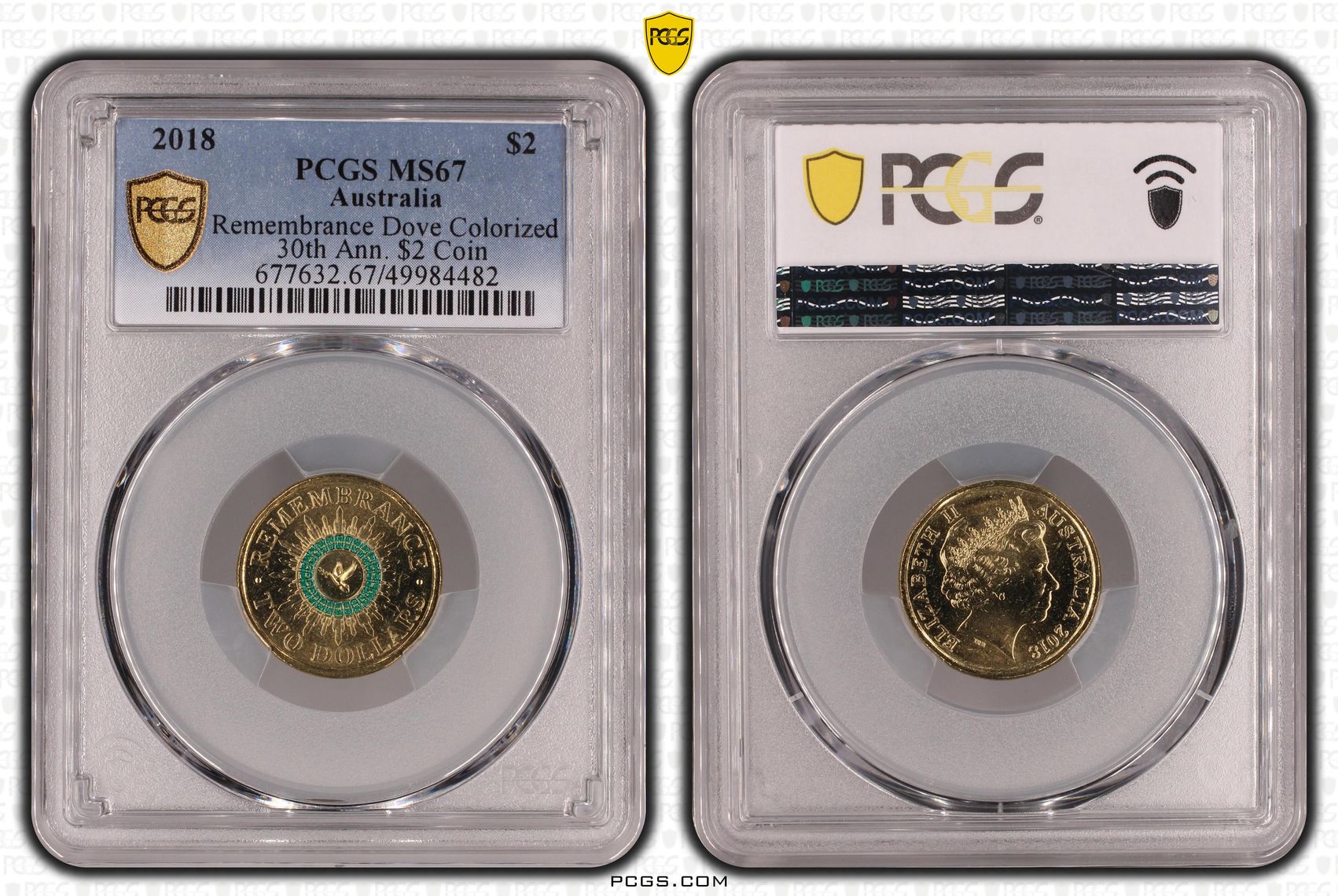 Remembrance Dove Colorized 30th Ann. $2 Coin , Two Dollar, 2018, PCGS MS67