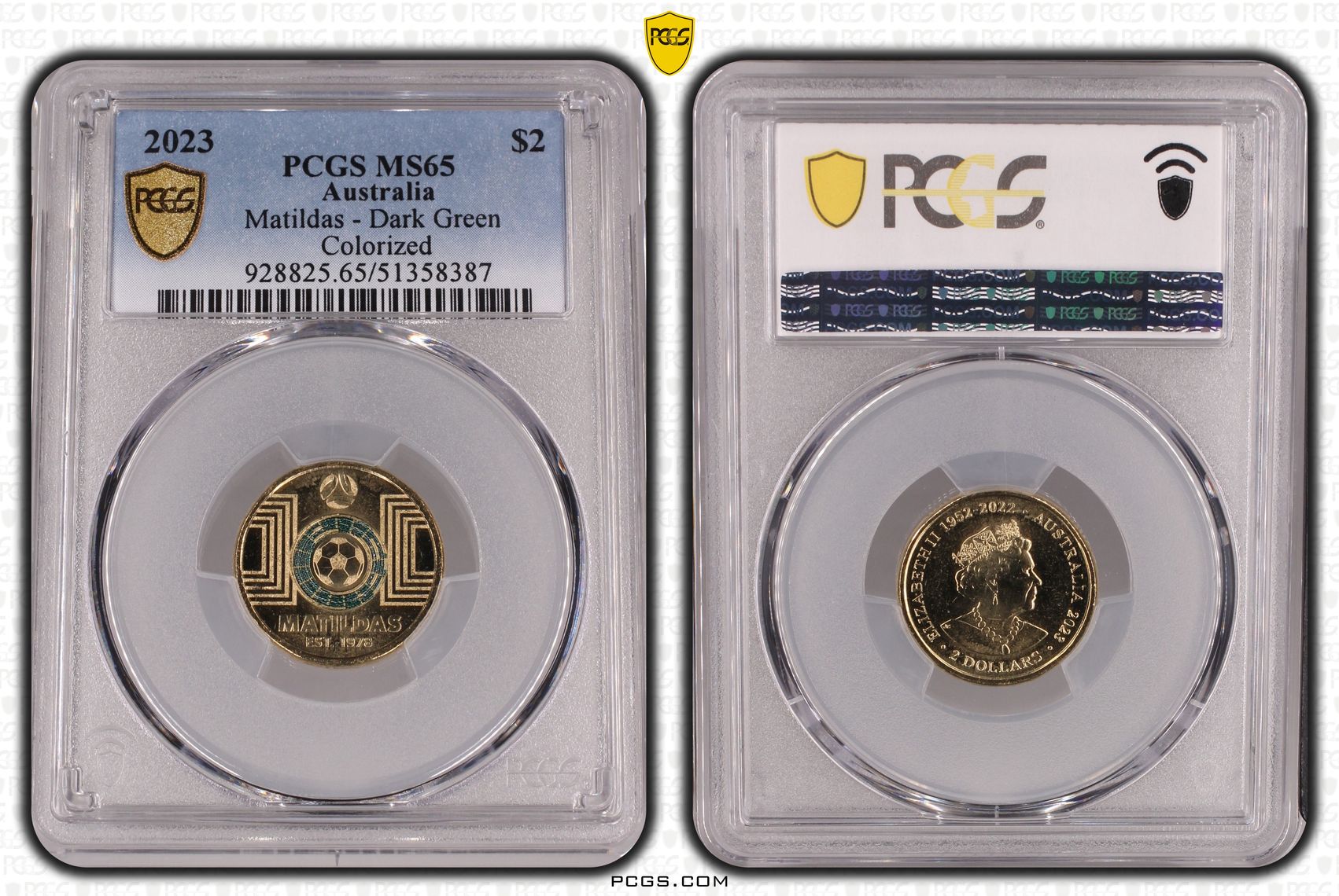 Matildas - Dark Green Colorized, Two Dollar, 2023, PCGS MS65