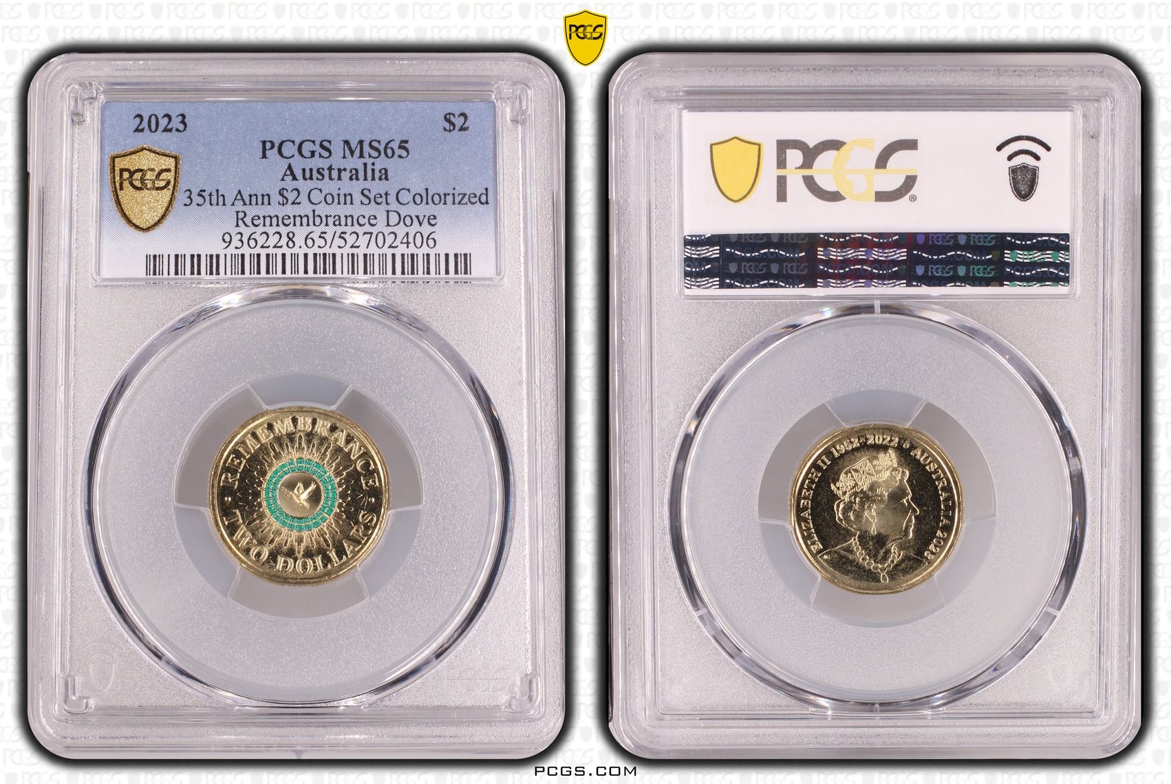 35th Ann $2 Coin Set Colorized Remembrance Dove, Two Dollar, 2023, PCGS MS65