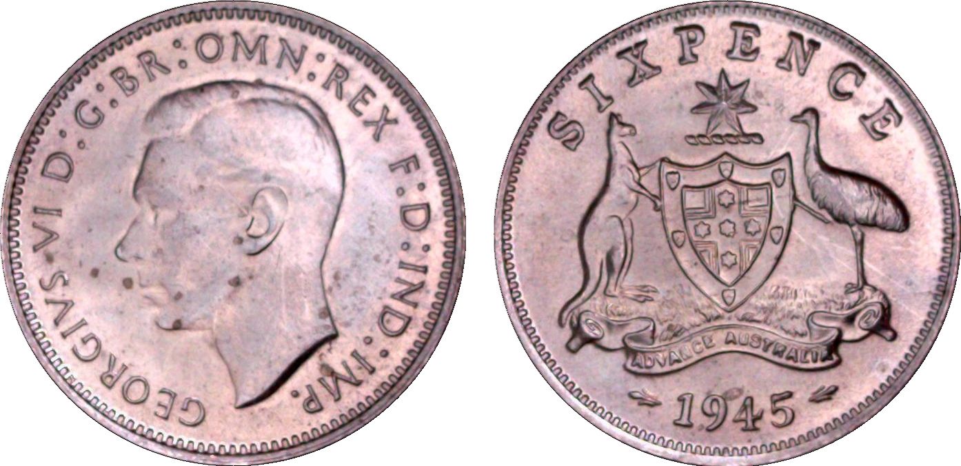 George VI, Sixpence, 1945, MS 64